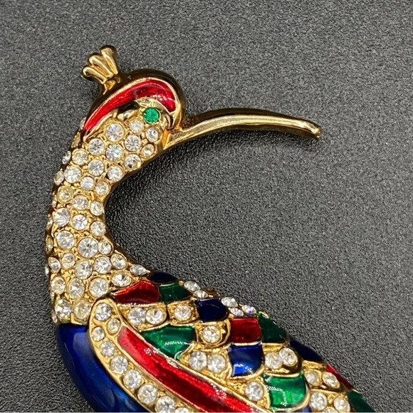 Colorful Bird Brooch In Blue, Red, Green Enamel and Sparkly Rhinestones in Gold - Picture 2 of 16